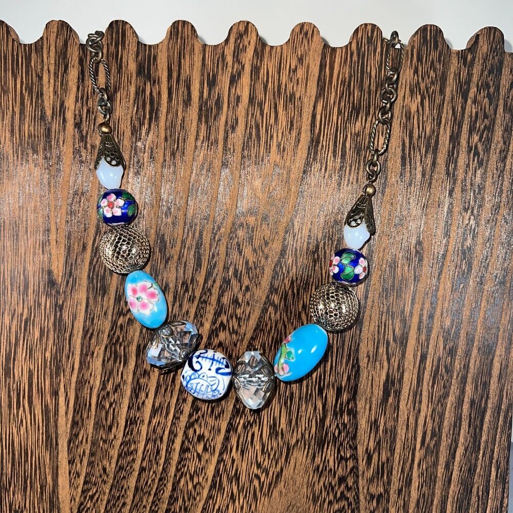 Vintage Multicolor Beaded Necklace With Floral Cloisonné & Crystal Accents On Br
